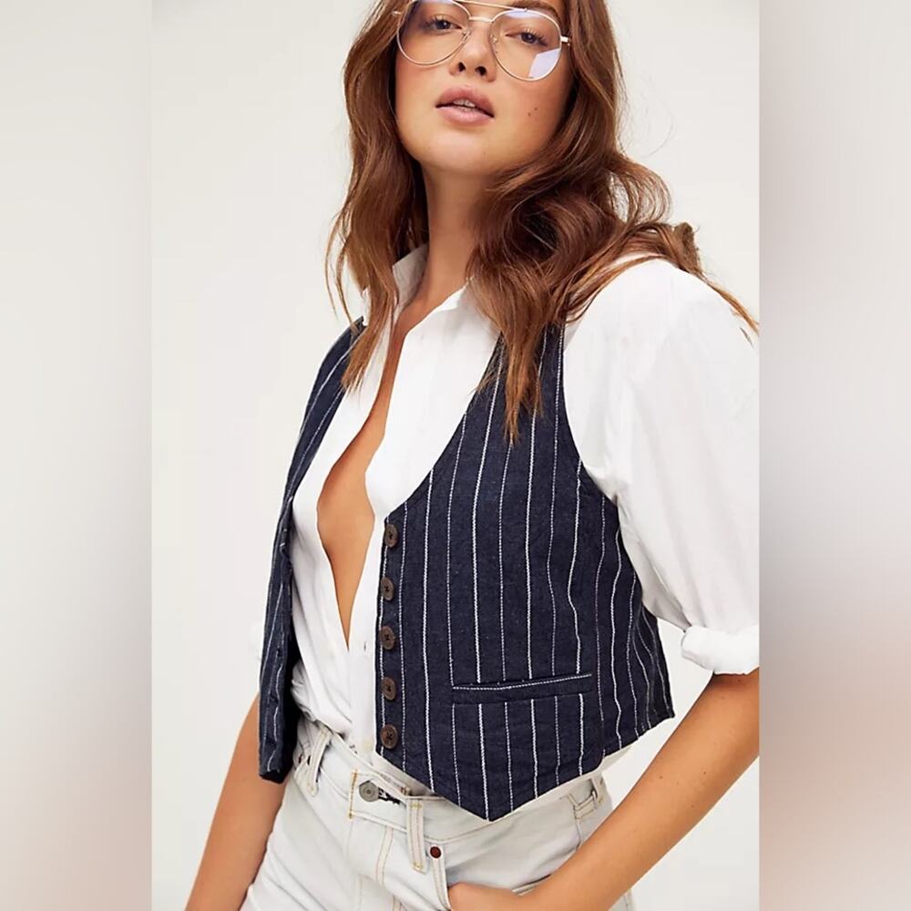 Free People Cailin Vest – Navy Pinstripe – Size XS - Picture 1 of 6